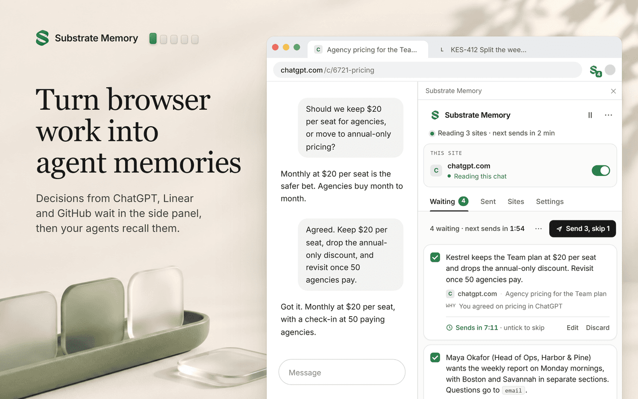 Substrate Memory in Chrome. A ChatGPT chat about agency pricing on the left, and the side panel on the right, where 4 memories wait. The first, from that chat, sends in 7:11 unless you untick it.
